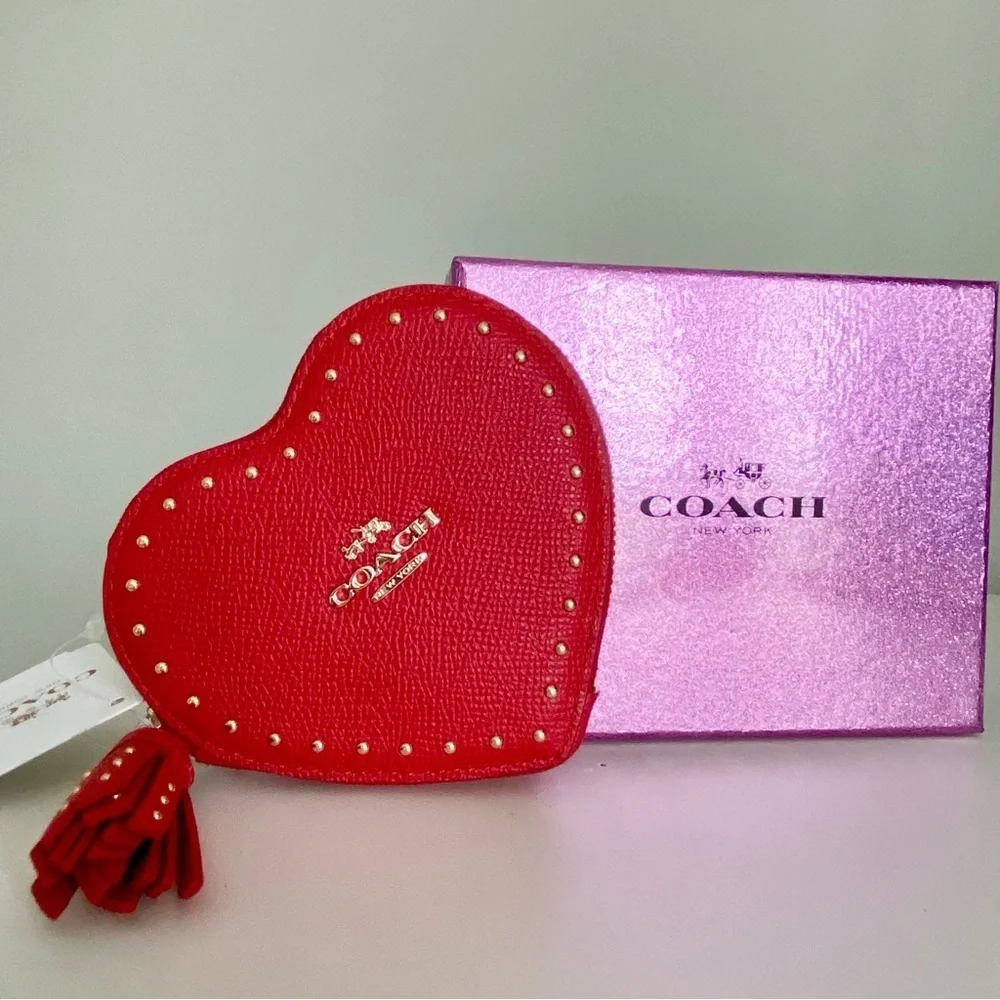 Coach Red Heart Studded Cardholder Coin Purse NWT